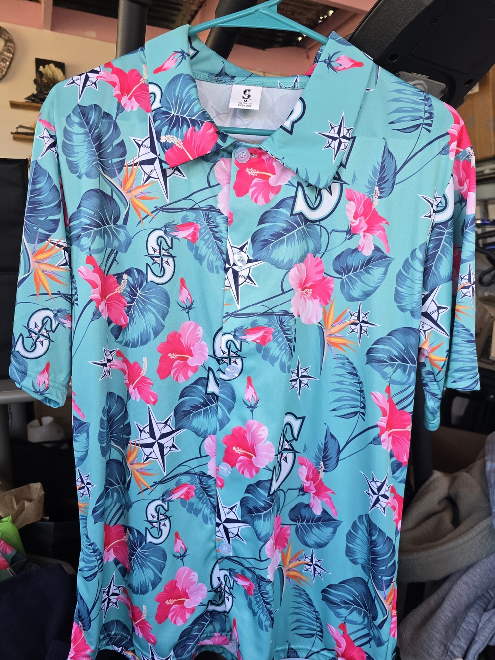 Seattle Mariners Casual Button-Down Camp Shirt - Turquoise with Pink Floral